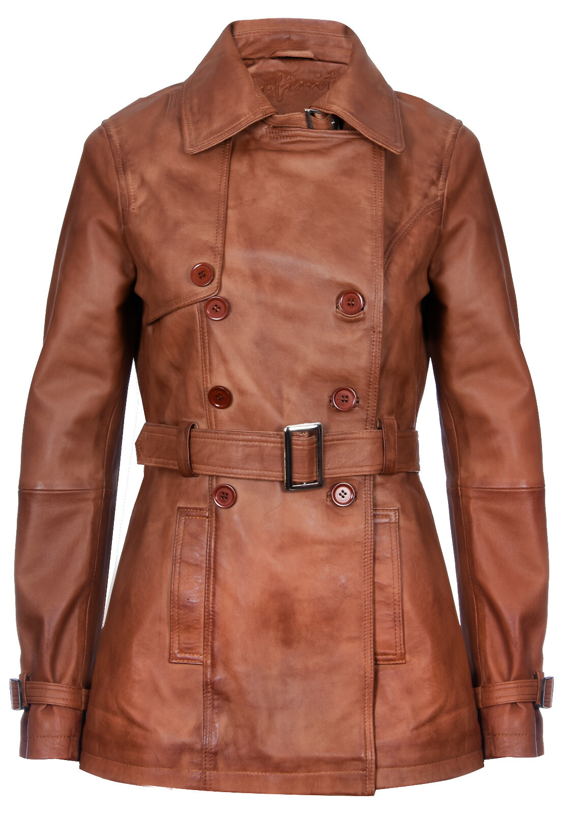 Pre-owned Infinity Ladies Leather Trench Coat Tan Mid-length Coat Classic Leather Jacket In Brown