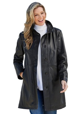 Pre-owned Woman Within Women's Plus Size Leather Swing Coat In Black