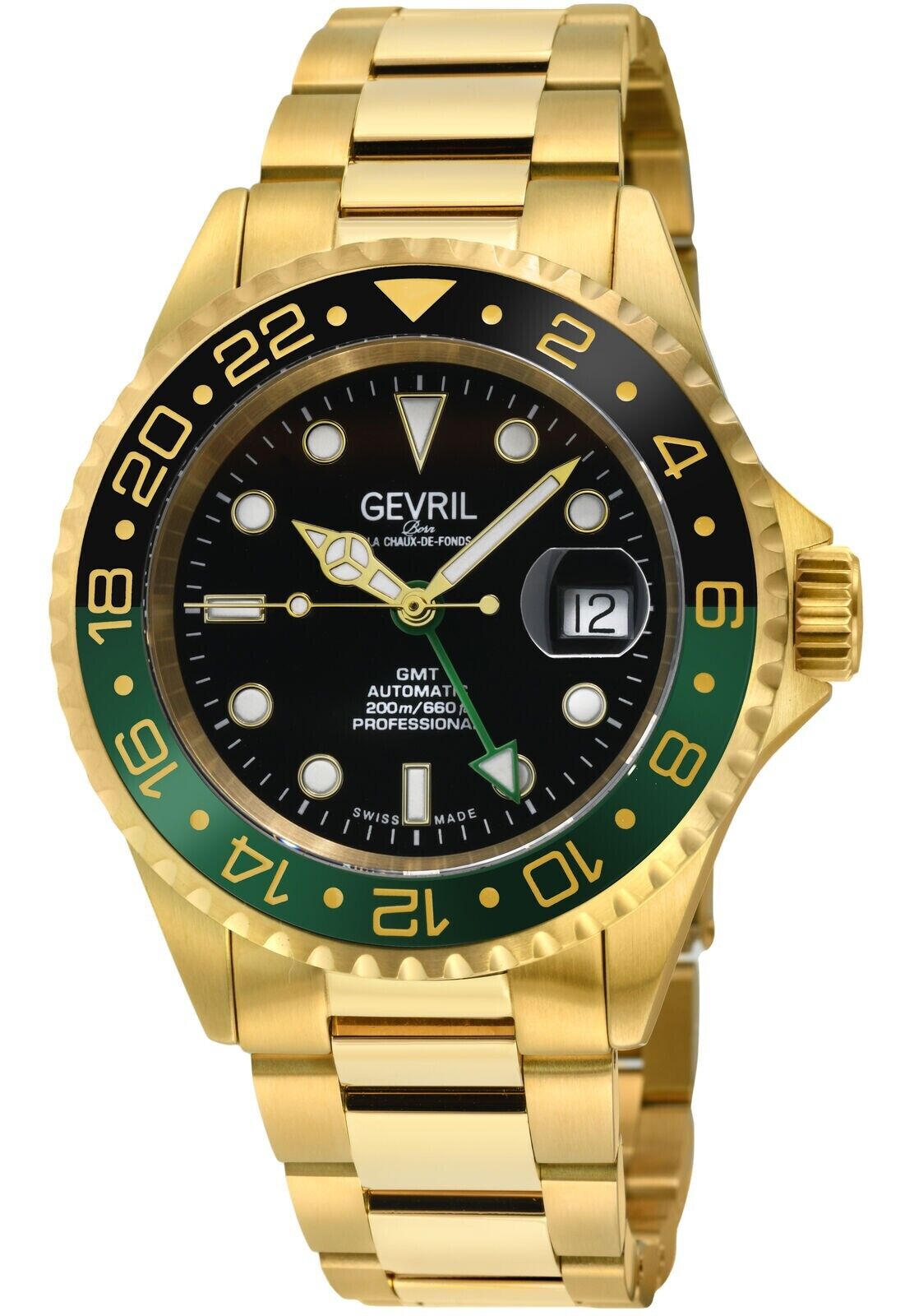 Pre-owned Gevril Mens 4956a Wall Street Ceramic Bezel Date Swiss Automatic Gmt Sw330 Watch