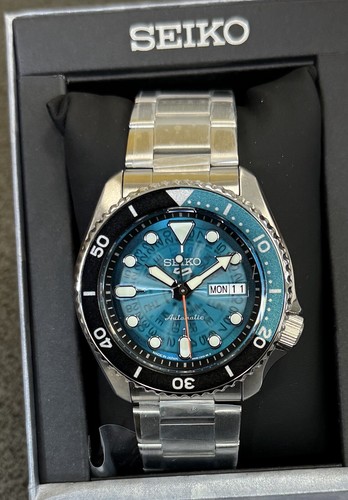 Pre-owned Seiko 5 Automatic Teal Transparent Dial Steel Bracelet Men's Watch Srpj45 Japan