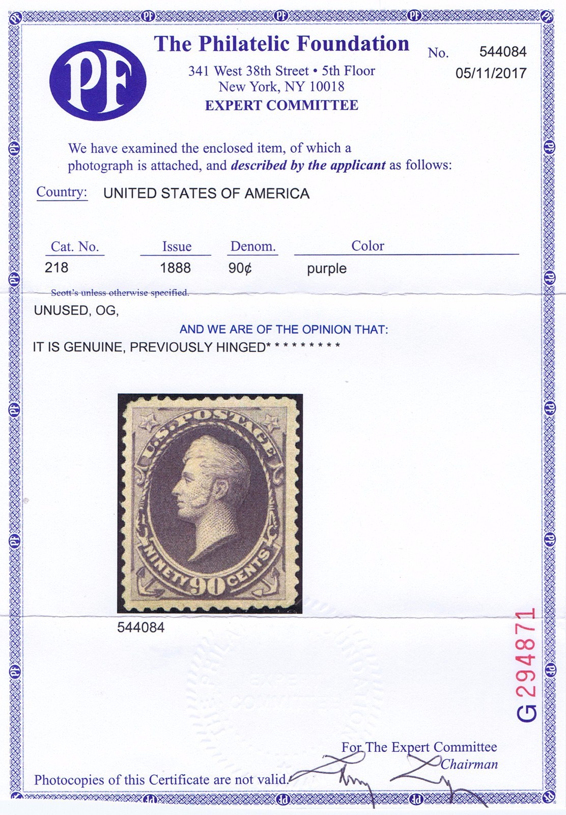 SC# 218 UNUSED OG PH 90c PERRY, 1888, HIGH CAT VALUE, PF CERT