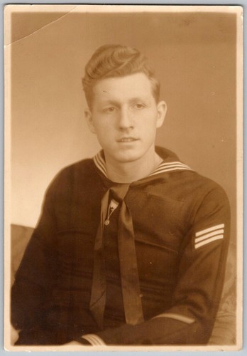 Vtg B&W Snapshot US Navy Sailor in Dress Blue Uniform Sepia Portrait Photo 1940s