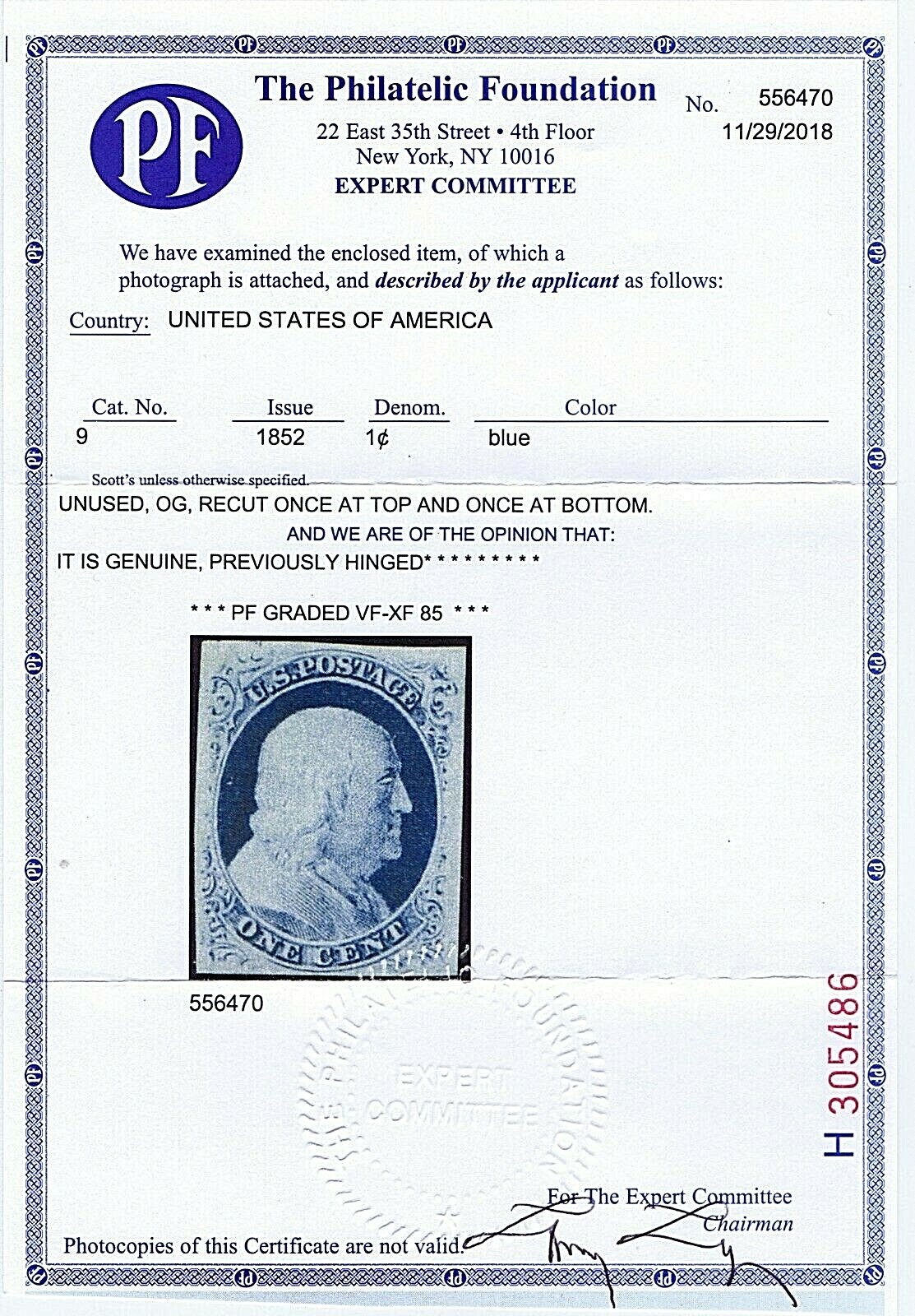 SC# 9 UNUSED ORIG GUM PH 1 CENT FRANKLIN, 1852,  2018 PF CERT GRADED VF XF 85