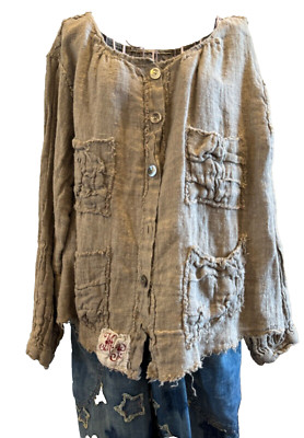Magnolia Pearl Homespun Linen Willie Mae Jacket Fluted RuchingSleeve MAGNIFICENT