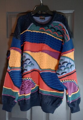 Emaroo Australia Sweater Abstract Coogi Style Geometric 3D Knit Wool Pullover L 
