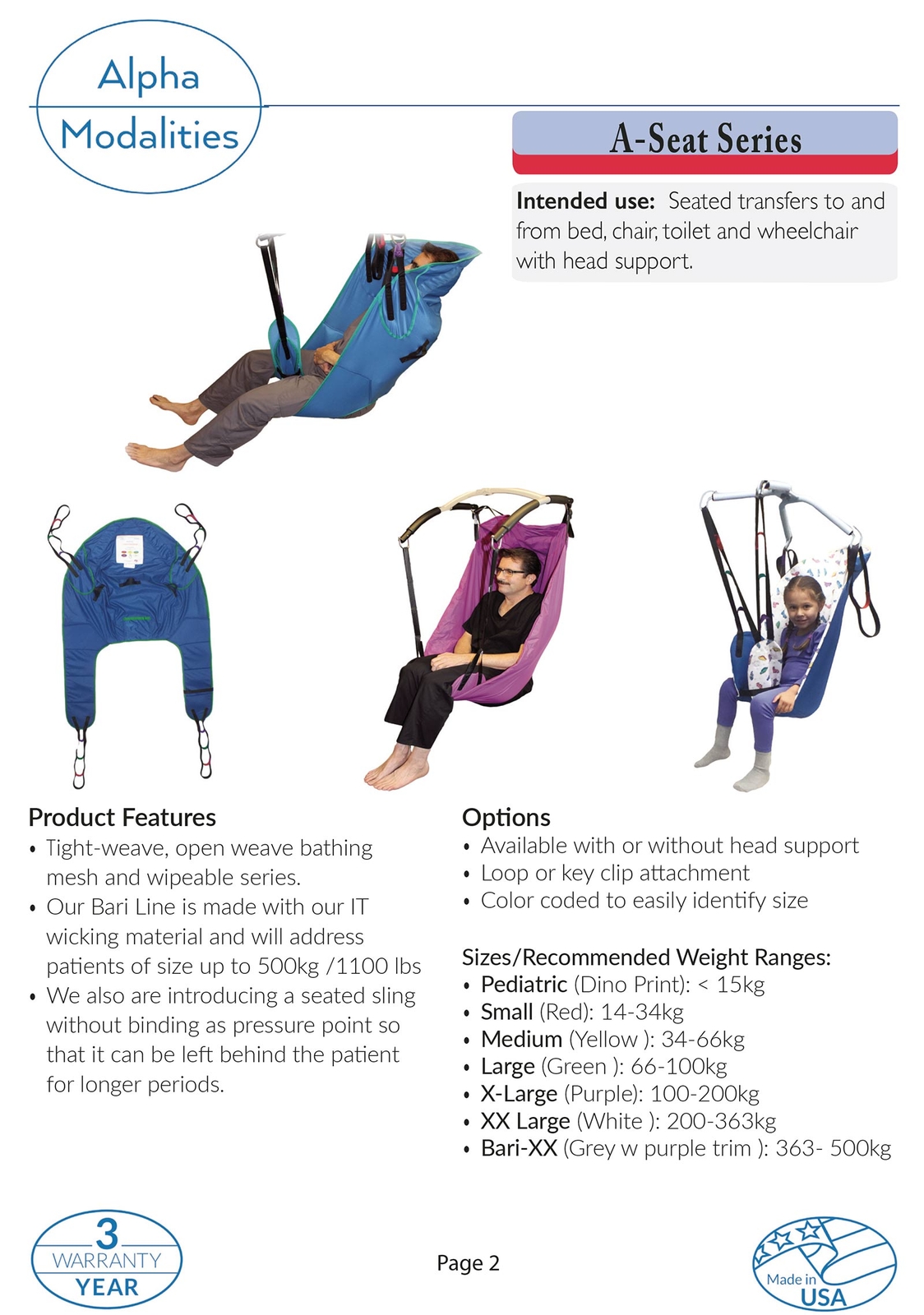 Alpha Modalities A-Seat Series Slings Pedi Small Medium Large X-Large Bari-XX