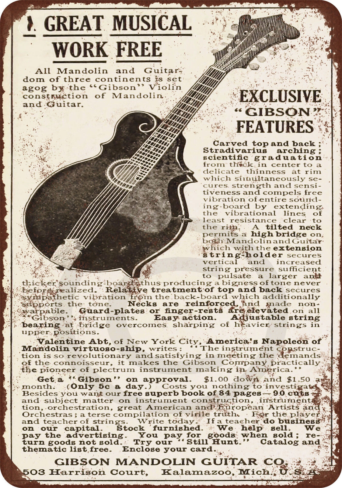 Gibson サイン 1911 Gibson Guitars AD Vintage Reproduction Metal Sign 8 x