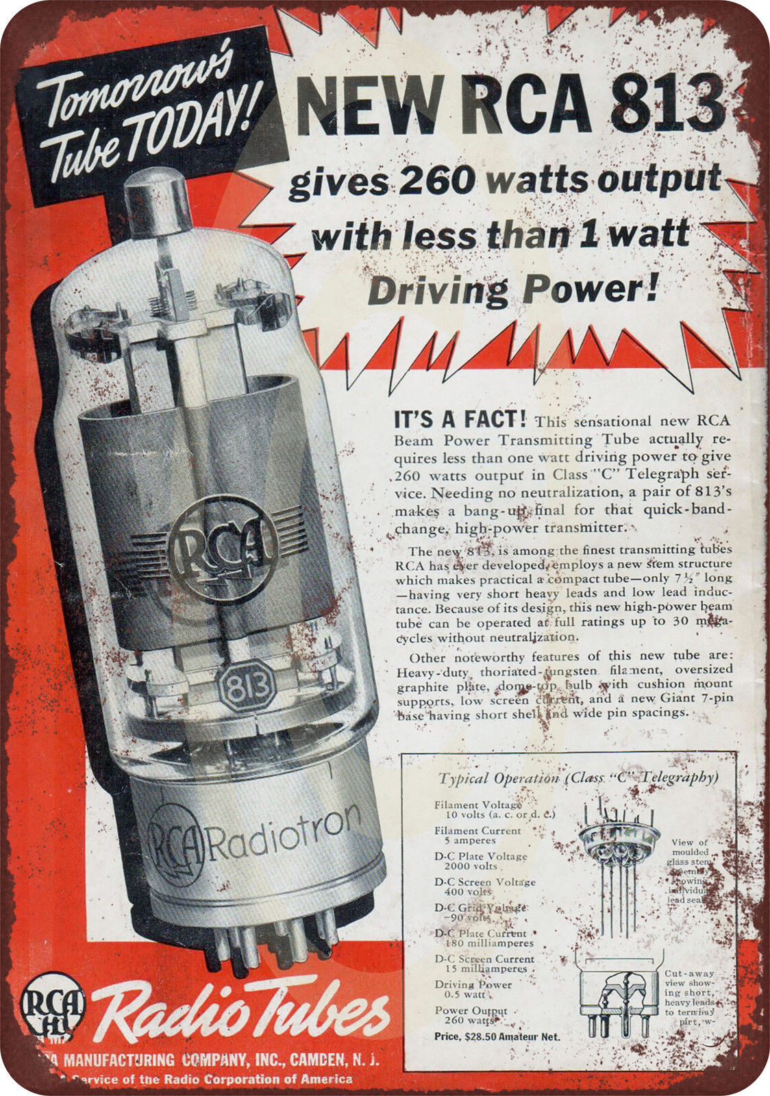 1938 RCA radio Tubes AD Vintage LOOK reproduction METAL SIGN 8 x 12