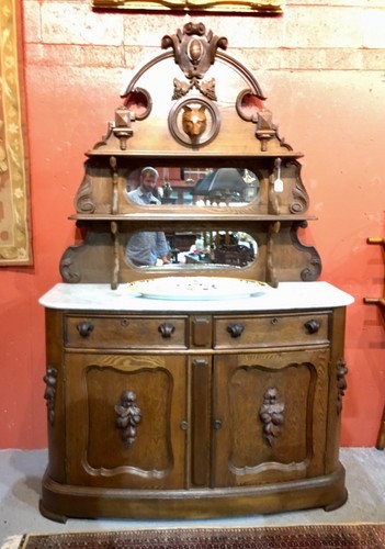 AMERICAN ROCOCO OAK OR CHESTNUT MARBLE TOP BUFFET WITH FOX HEAD