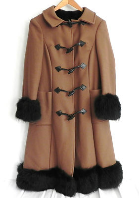 【新品】MANOF WOOL BEAVER 3WAY COAT Vtg Duffle Coat Brown Wool Black Beaver Fur Lined A-Line Toggle