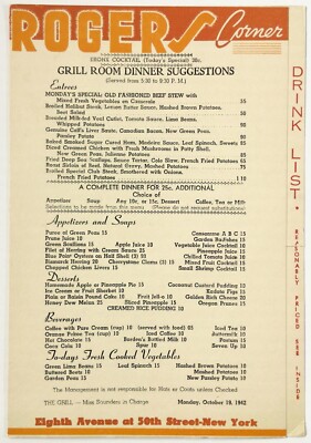 1942 Vintage Dinner Drinks Wine Menu ROGERS CORNER - GRILL ROOM New York Aviary