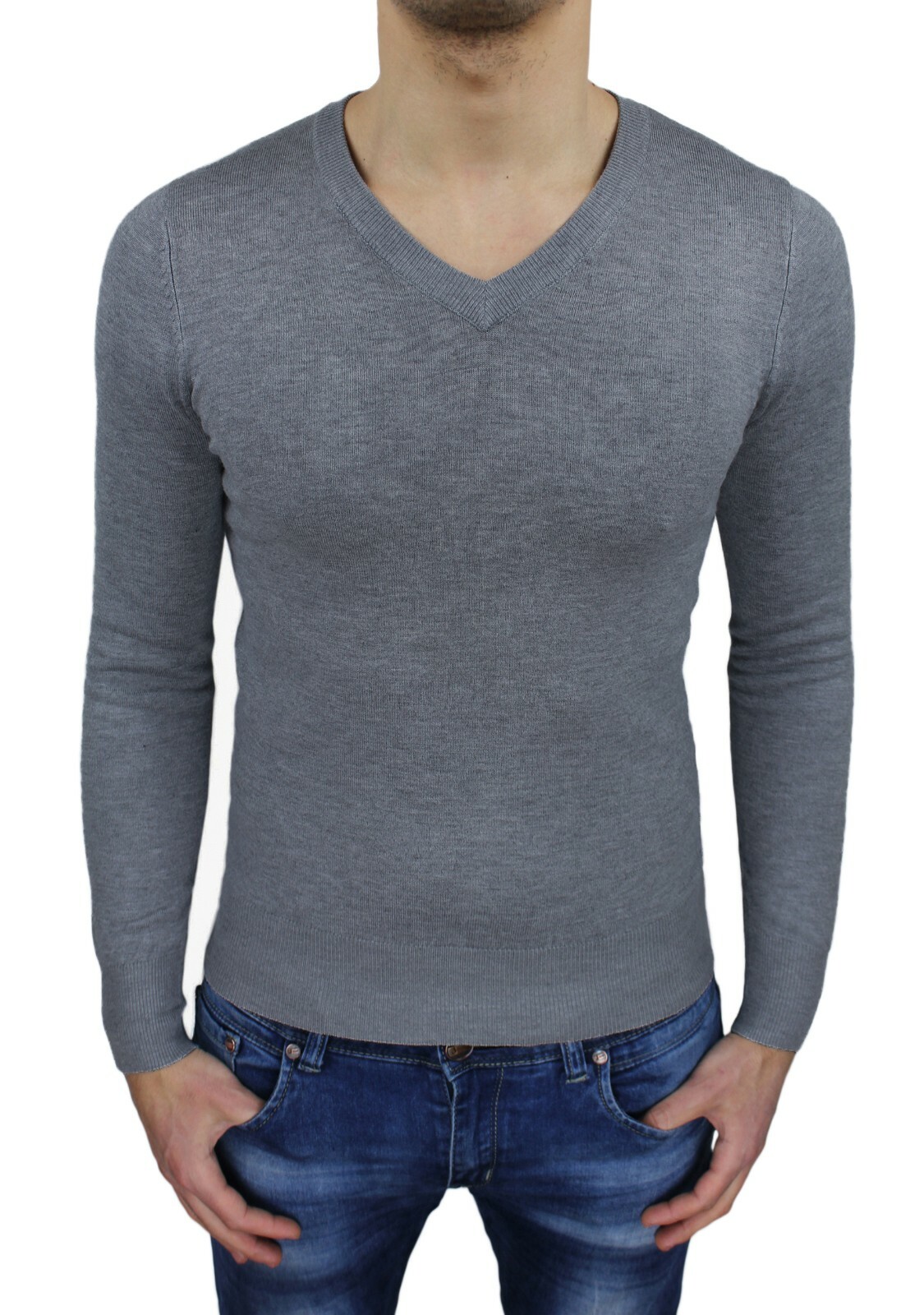Maglioncino uomo Class grigio scuro slim fit maglione pullover con toppe