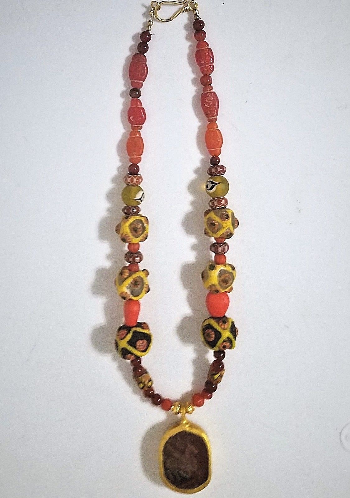 Ancient Near East Phoenician Glass Beads Necklace w Pegasus Intaglio Pendant