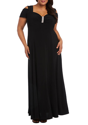 NWT - R&M Richards Size 22W Rhinestone-Trim Side-Slit Black Gown Maxi Dress 22W