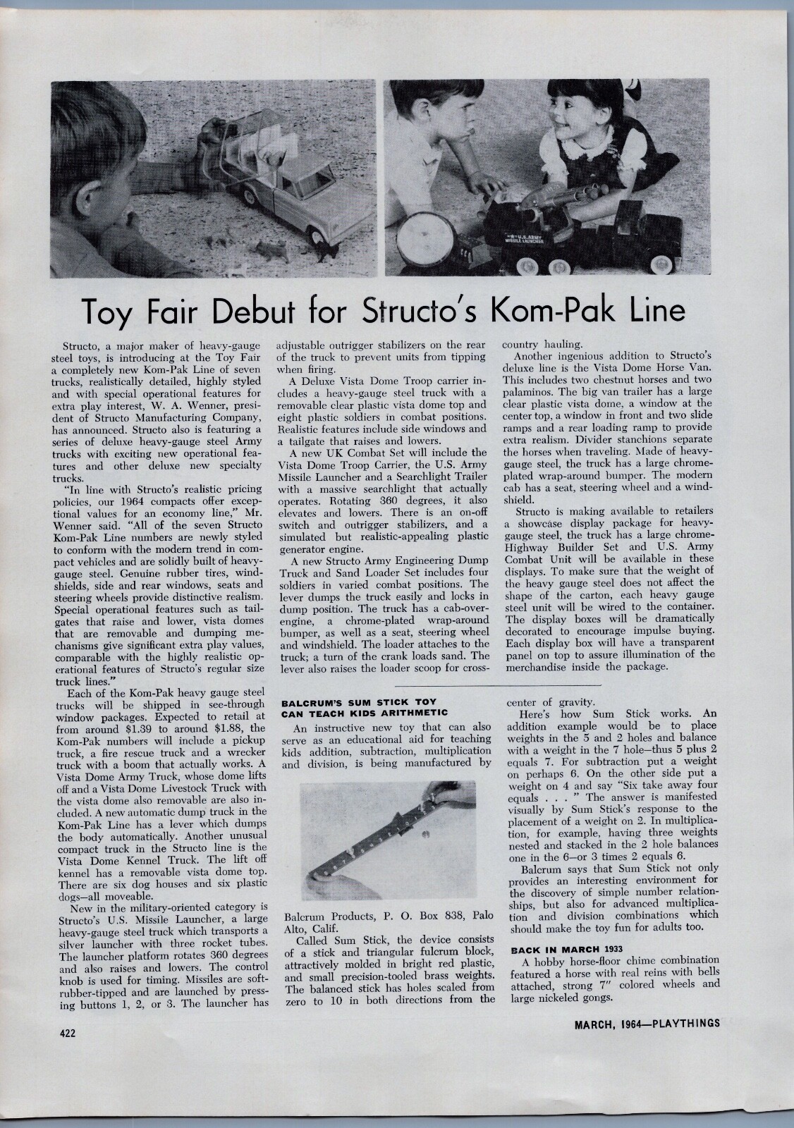 1964 Vintage Toy Article - Structo Pressed Steel Toys Com Pan Line 