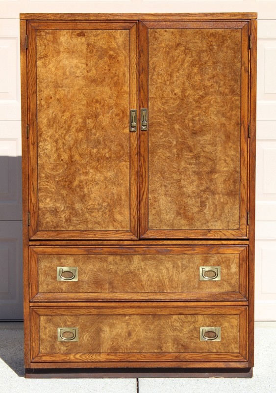 Vintage Midcentury Campaign Style Burl-wood Armoire