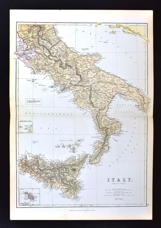 1883 Blackie Map - South Italy Rome Naples Sicily Palermo Malta Mt Vesuvius Etna