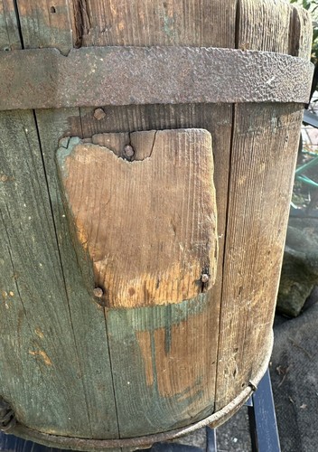 Antique Wood Staved Bucket Wash Tub Wrought Iron Band Grungy Blue Paint