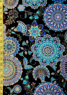Empress Black Timeless Treasures Fabric Peacock Floral Filigree
