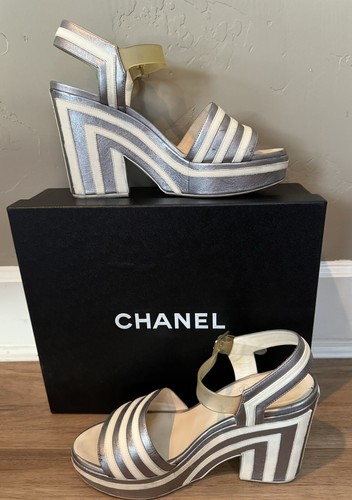 Authentic Chanel Silver And White Striped Wedges Heels