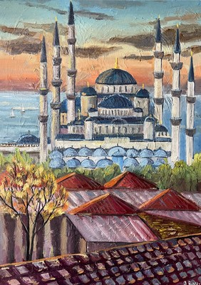 Original Oil Painting Blue Mosque Istanbul Wall Art Turkish Art 14x20 inch