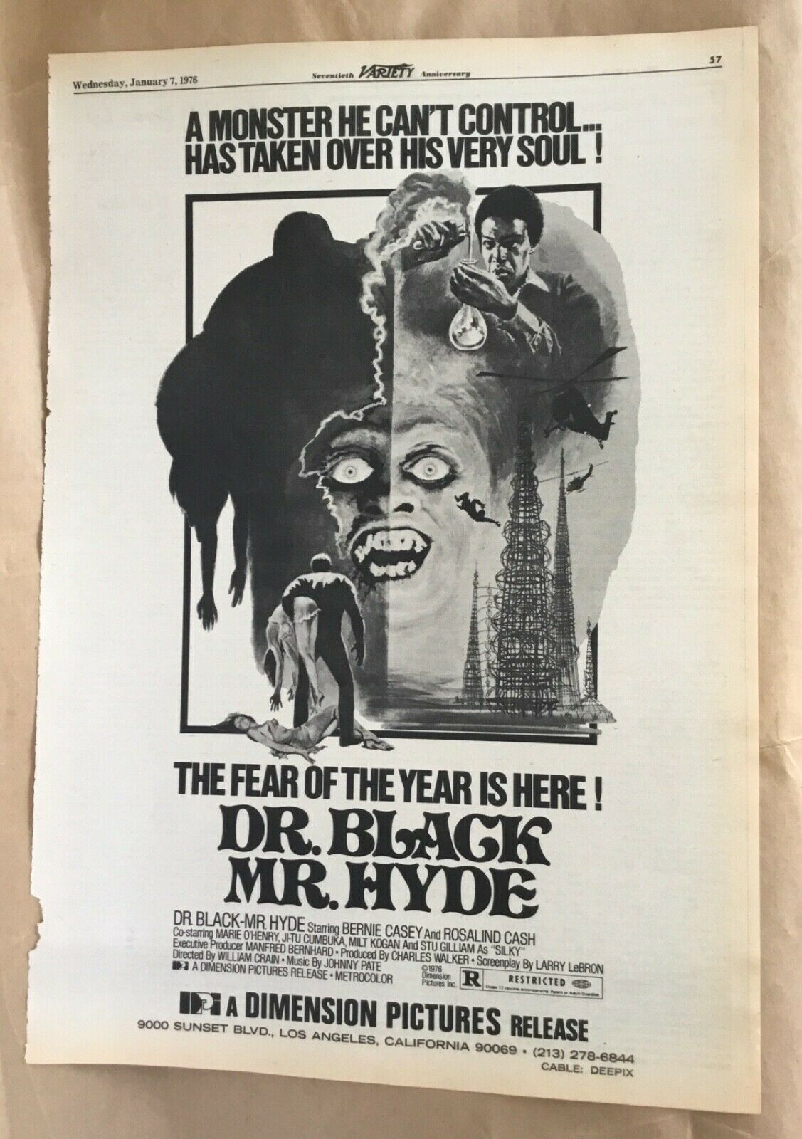 Dr. Black Mr. Hyde print ad 1976 vintage 70s promo poster