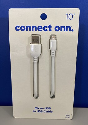 Onn. Micro-USB to USB Cable, 10 Ft (3m), White - NEW