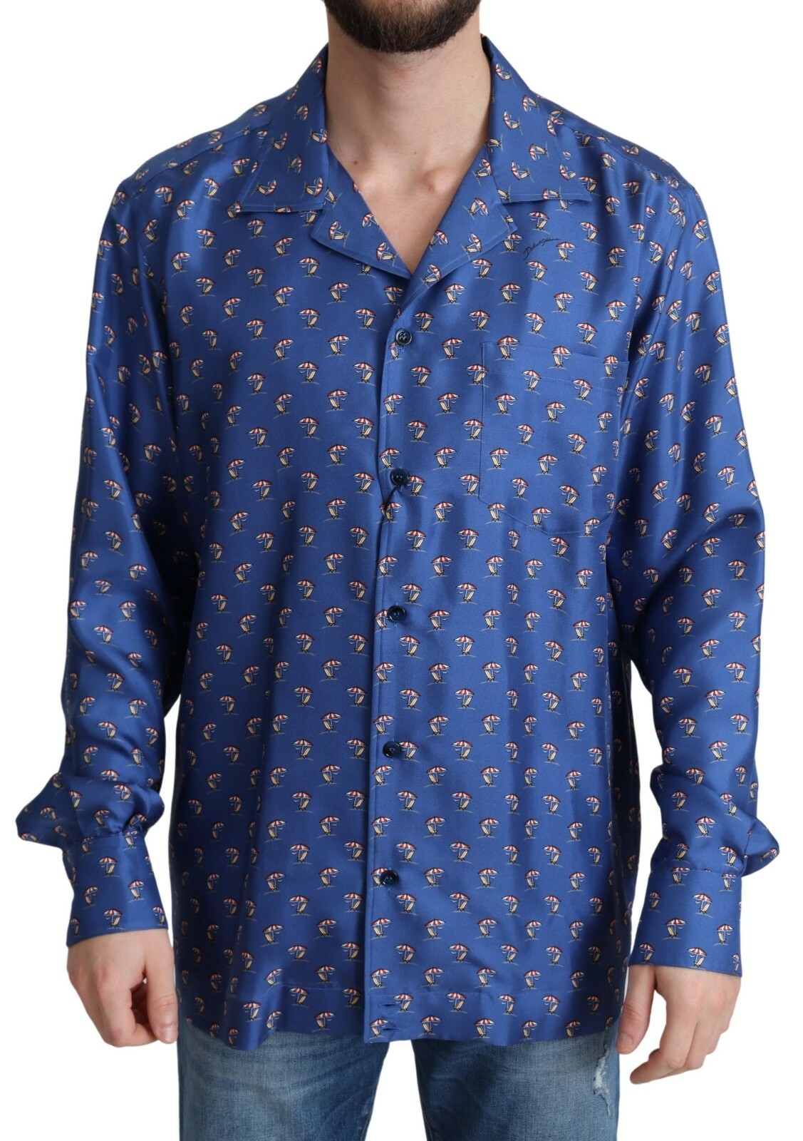 

DOLCE - GABBANA Рубашка Синяя, пляжное кресло, зонтик, шелк, 39 / 15,5 долларов США /  1400 долларов США, Синий