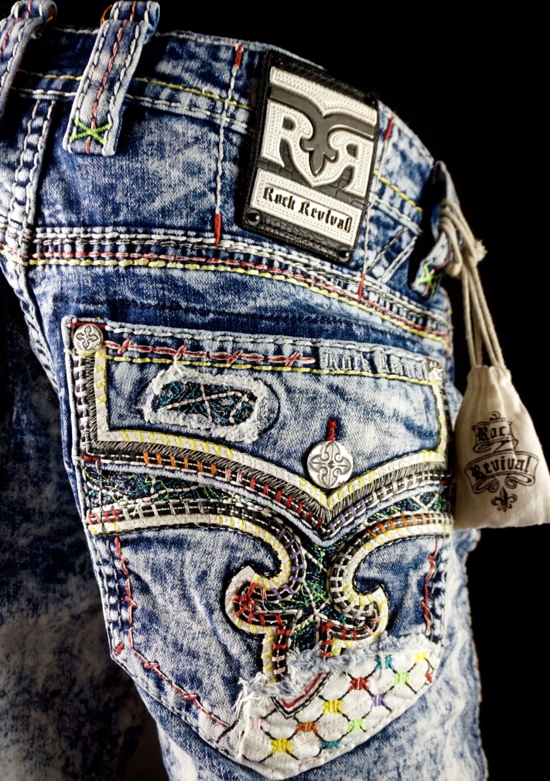 Pre-owned Rock Revival $220 Mens  Jeans "jaser" Starburst Stitch Acid Leather Shorts 34 ? In Acid Wash