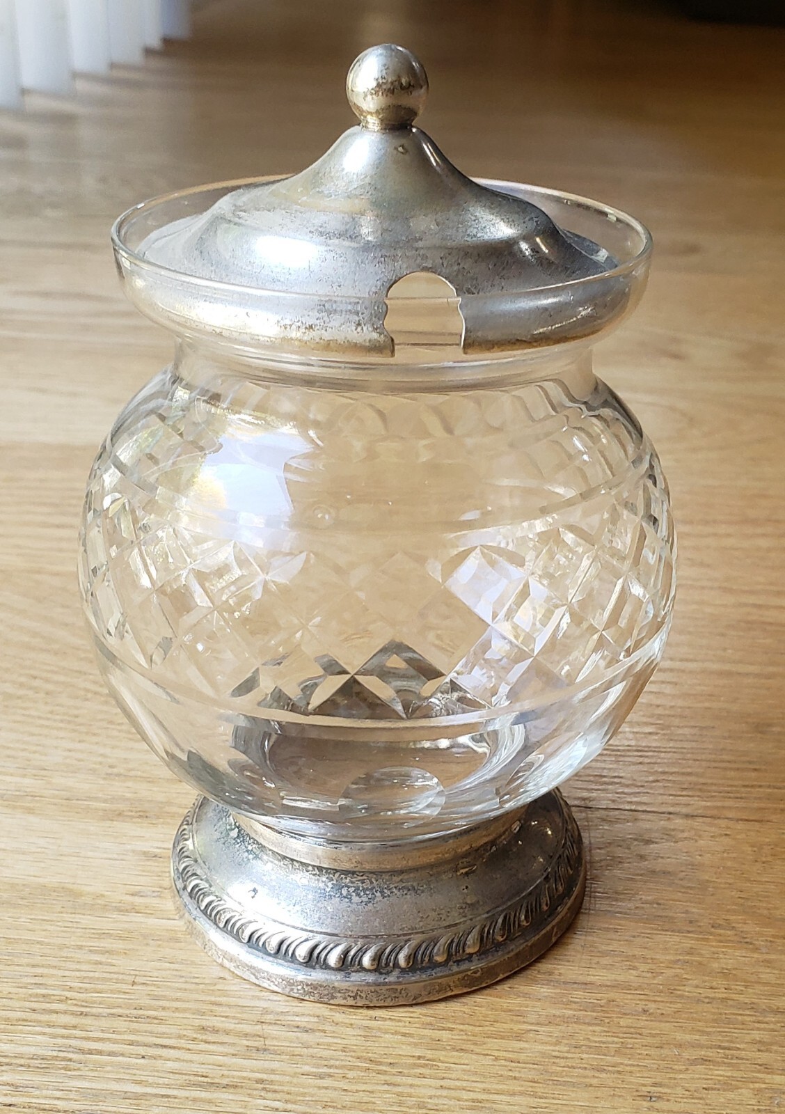 Vintage Cut Crystal Glass Jam Jar with Sterling Silver Lid