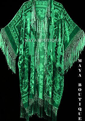 Pre-owned Maya Matazaro Emerald Green Silk Burnout Velvet Fringe Jacket Kimono Duster  Plus