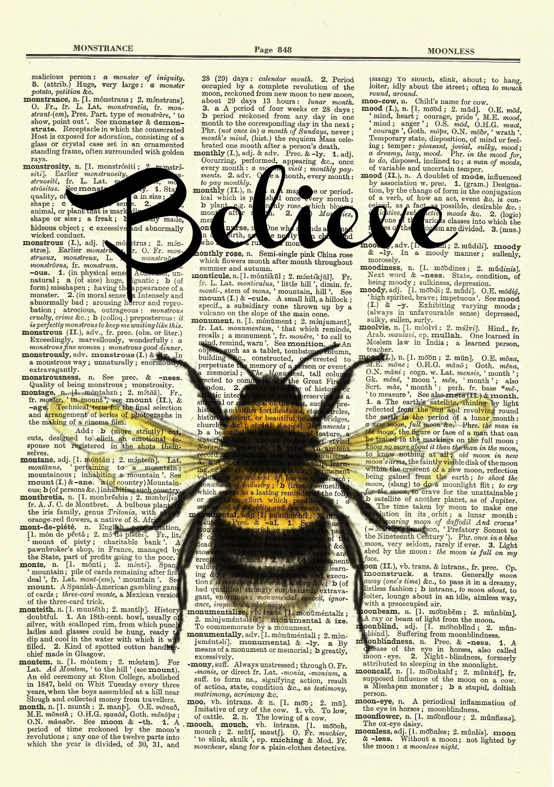Believe Bee Dictionary Art Print Book Page Picture Bumble Bee Inspiration Poster