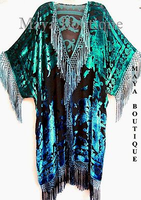 Pre-owned Maya Matazaro Hand Dyed Blue Turquoise Silk Velvet Jacket Kimono Duster Caftan