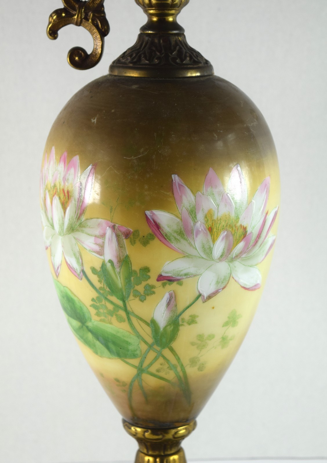 Vintage Victorian Ewer Urn Floral Pattern Hand Painted Brass Base / Top Cl-02