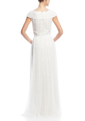 Pre-owned Tadashi Shoji Chiffon Silk Lace Ivory Petal Pleated Belted Dress Gown In White