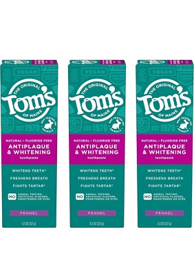 Tom S of Maine Antiplaque and Whitening Toothpaste, Fluoride Free, Fennel, 3 Pac