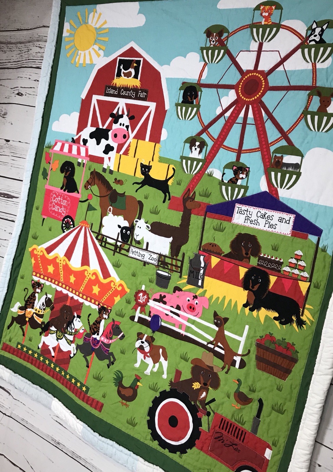 Crib Quilt Blanket Barnyard Animals Handmade Fair Theme Baby Kid LightBlue/White