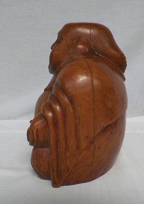 Carved Wood Seated Buddha Figure Statue Inlaid Teeth
