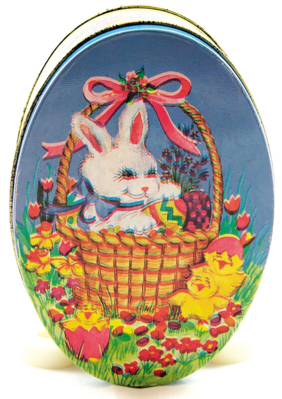 Tin Giftco Inc. Bunny Rabbit Holiday Empty Oval Can Metal Container Box Vintage
