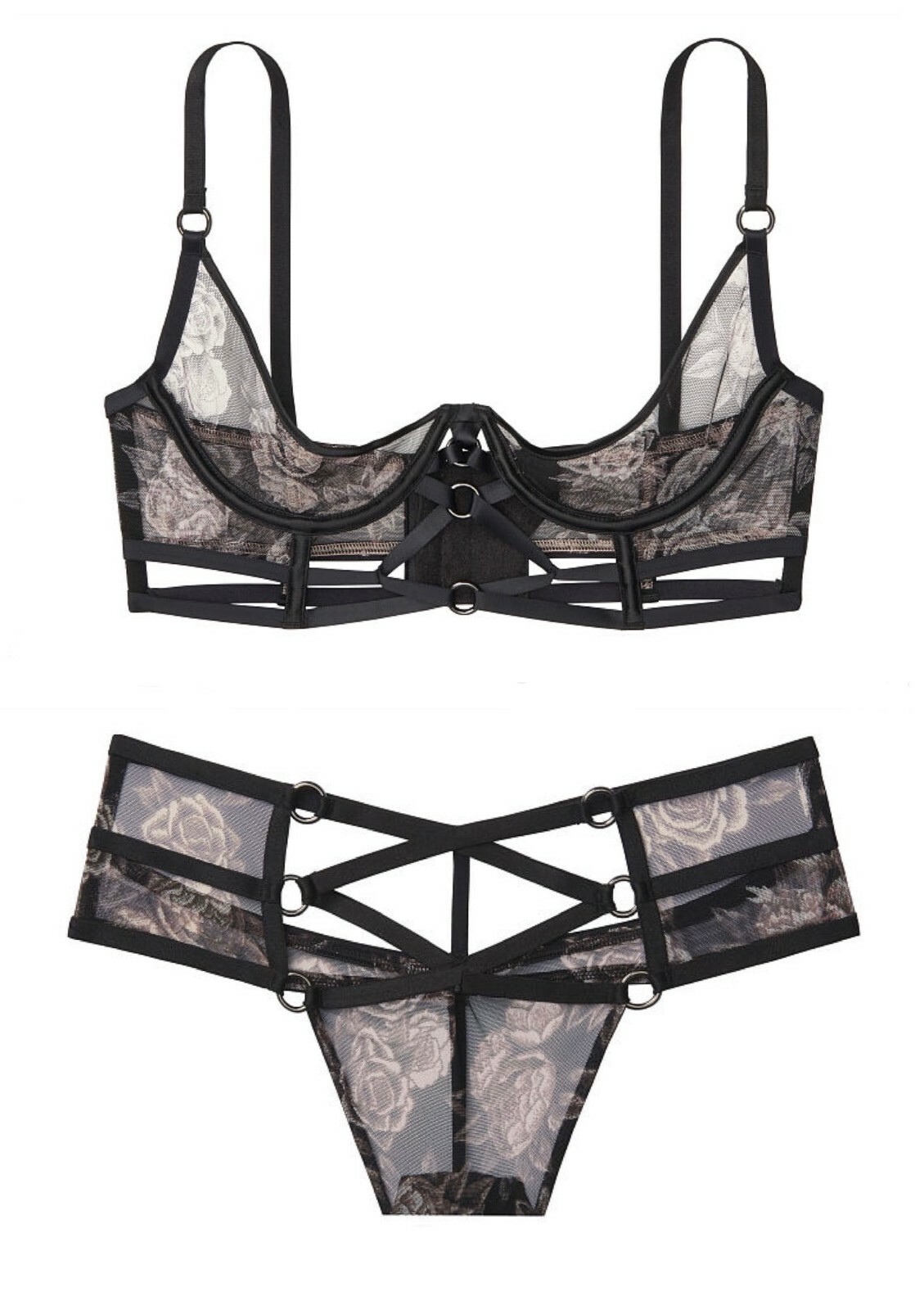 

Victorias Secret Luxe Lingerie Четверть чашки Бюстгальтер с ремешками и кольцами Ringmaster Thong, Black/floral, Very Sexy