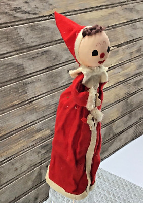 Vtg 1950's Christmas Pixie Elf Cloth Silk Face W/Candle Caroler OR Tree Top 9''