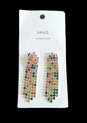 MNG By Mango Silver Tone Multi Color Crystal Waterfall Dangle Stud Earrings 2.5''