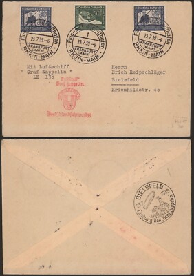 Germany 1939 - Zeppelin Flight Air Mail Cover Frankfurt G657