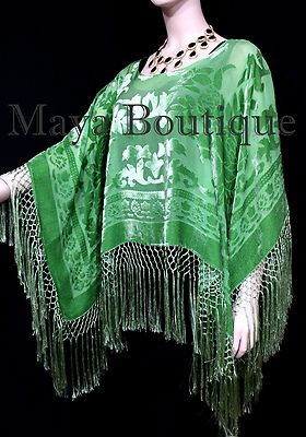 Pre-owned Maya Matazaro Green Silk Burnout Velvet Poncho Fringe Top Shawl Hand Dyed