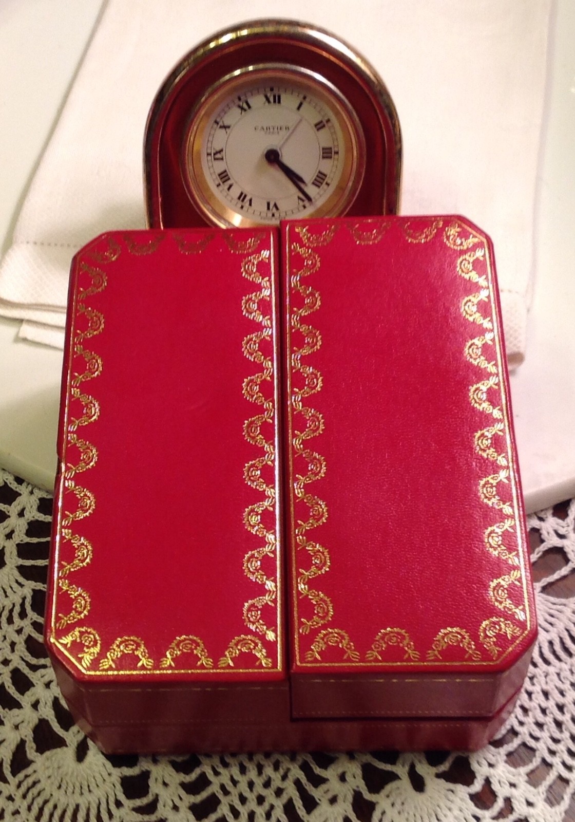 Cartier Travel /Desk Alarm Clock Red Enamel W/gold Case included C on stand.