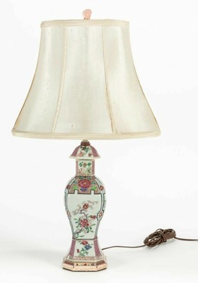 Brass Base Early to Mid 20th Century Ceramic Lamp 23 Tall White Floral Panel Working