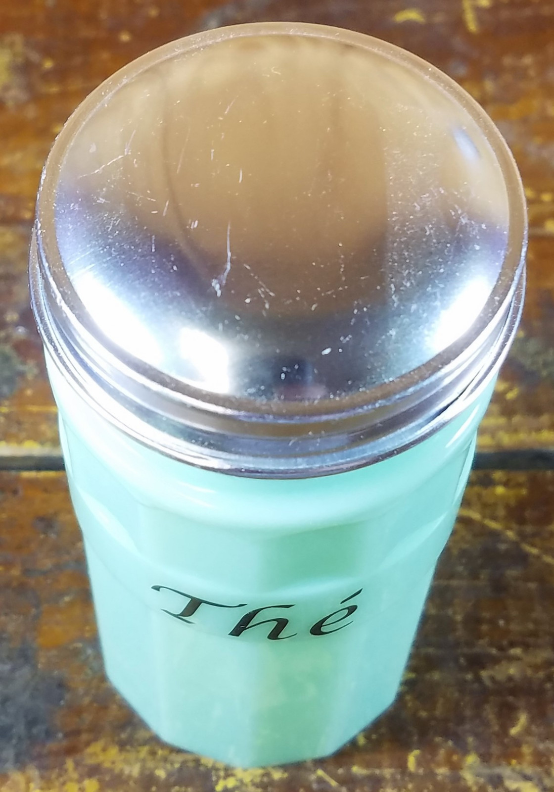 JADITE GREEN GLASS FRENCH TEA THE KITCHEN STORAGE CANISTER METAL SCREW ON LID