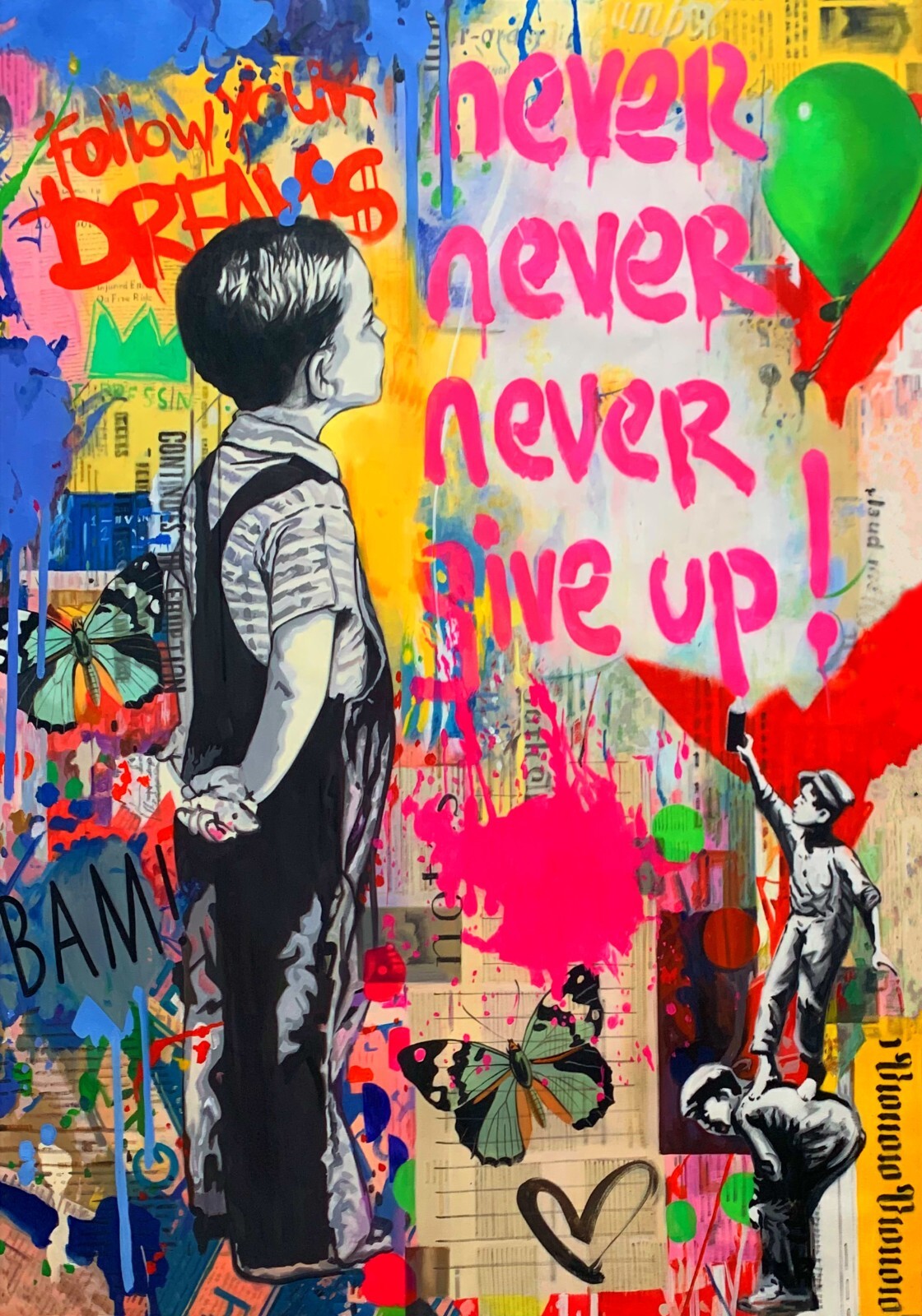 Motiv  Banksy Never give up Follow u dreams 100x150cm XXL Leinwandbilder/Pop Art