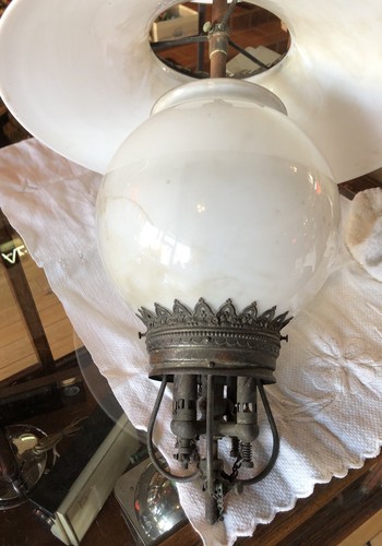 Antique Early Early 1900s Humphrey Kalamazoo Gas Light Lamp Brass Milk Glass