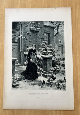 Large Antique Print 16x11 c1884 The Forester's Daughter by H. Werner WOMAN BIRDS